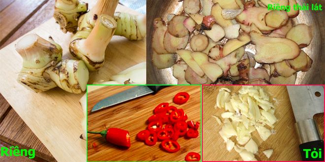 riềng cắt lát, ớt thái nhỏ, tỏi đập dập
