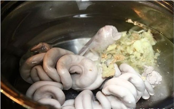 cho lòng lợn vào nồi nước đang đun sôi