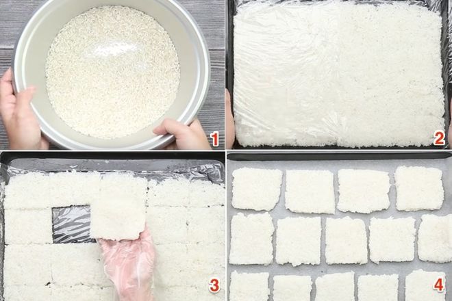 cắt cơm thành từng lát vuông