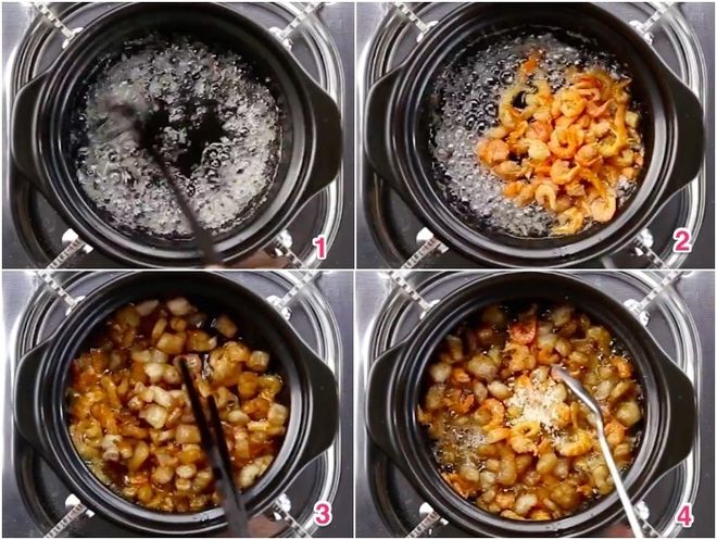 cho tôm khô vào nồi đảo đều