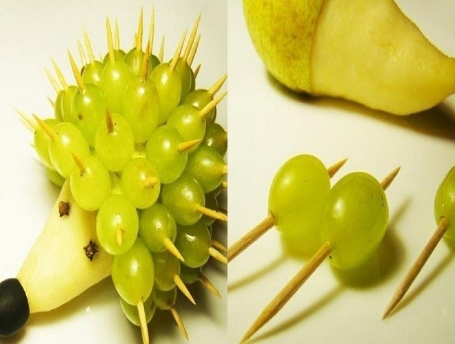 tạo hình chú nhím dễ thương bằng nho xanh và lê