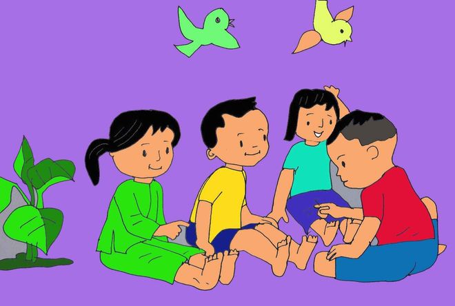 Các bé đang chơi oẳn tù tì bằng chân
