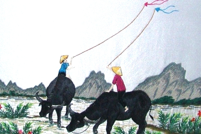 Tranh vẽ trò chơi dân gian thả diều