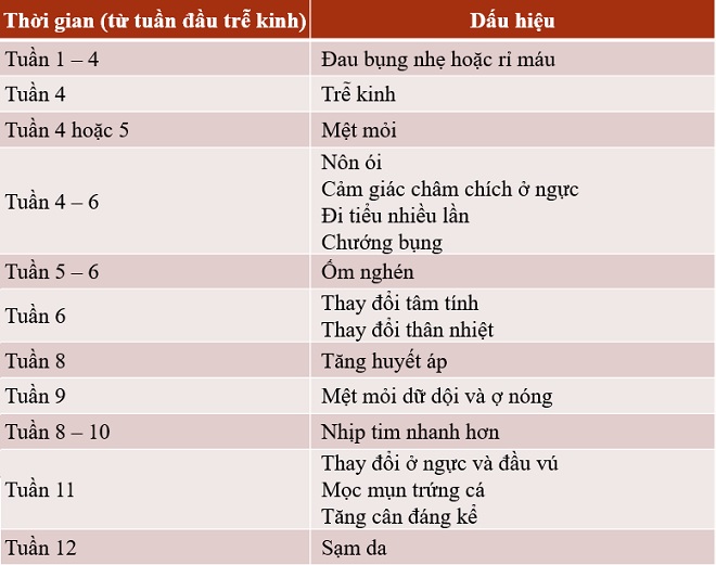 Bảng dấu hiệu có thi theo từng giai đoạn