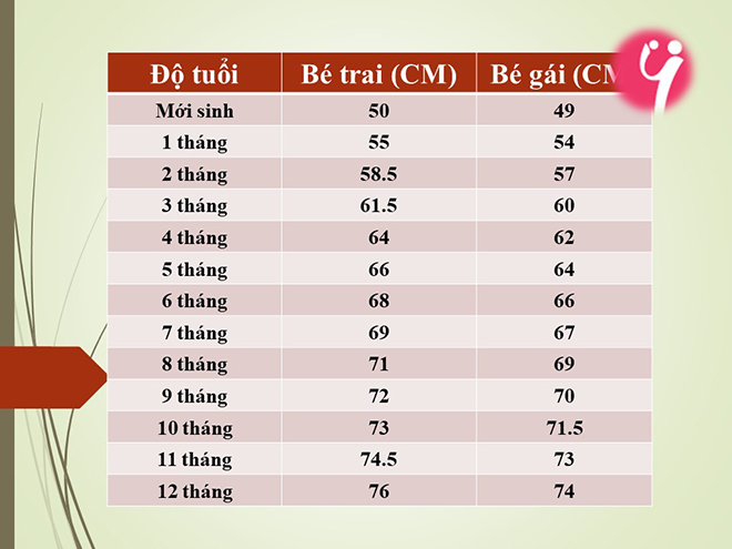Bảng chiều dài trung bình của bé 12 tháng