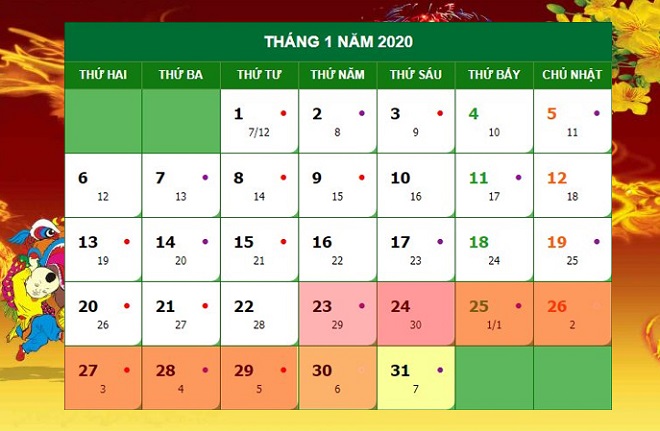 lịch nghỉ tết dương lịch 2020